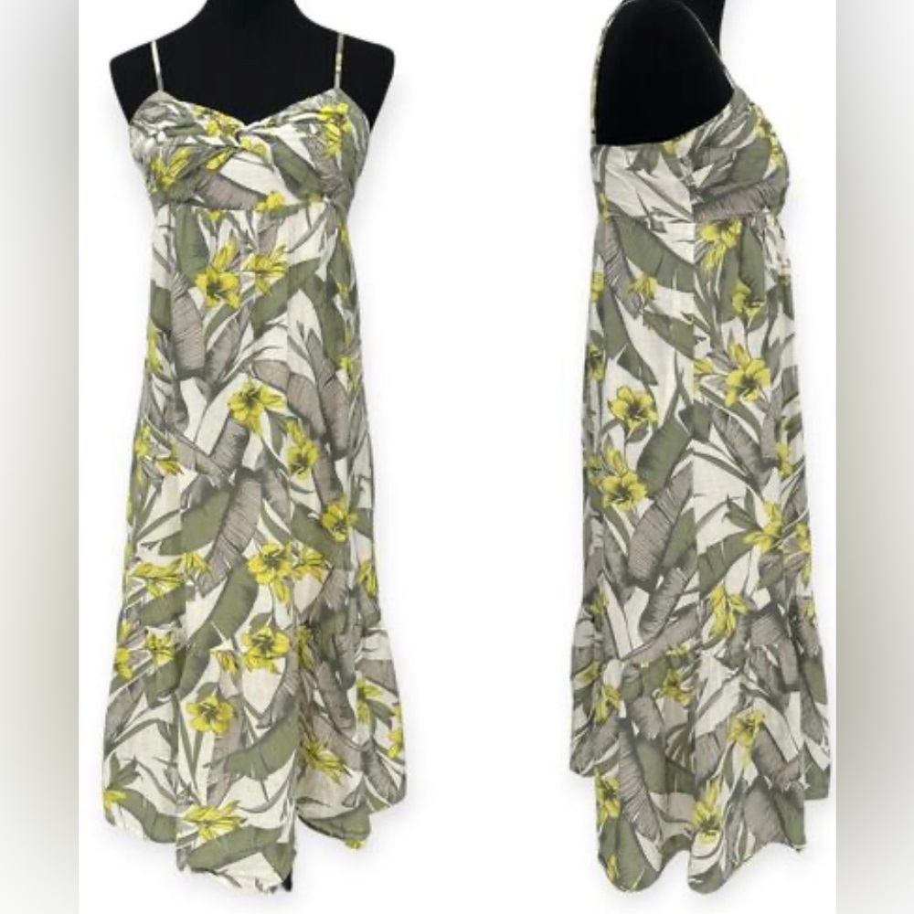 Vtg Banana Republic 90s Y2k Linen Blend Babydoll Slip Tier Midi Dress 8 Tropical